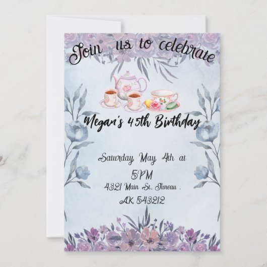 Lavender teapot flowers birthday  招待状 (正面)