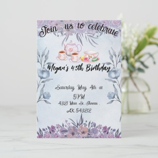 Lavender teapot flowers birthday  招待状 (スタンド正面)