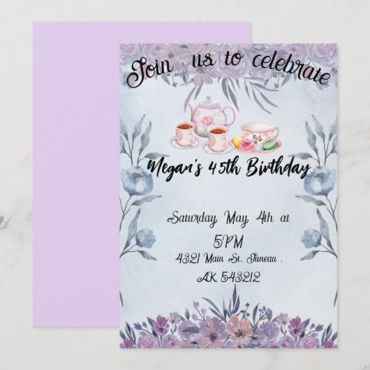 Lavender teapot flowers birthday  招待状 (正面/裏面)