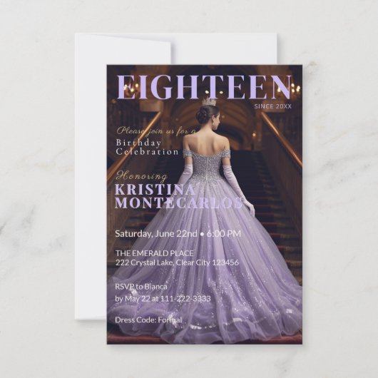 Lavender Themed Eighteenth Birthday Magazine Style 招待状 (正面)