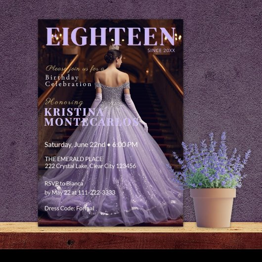 Lavender Themed Eighteenth Birthday Magazine Style 招待状