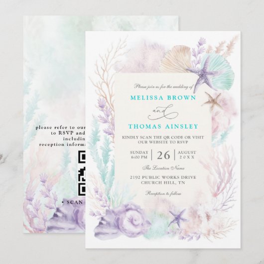 Lavender Turquoise Ocean Chic QR Code Wedding 招待状 (正面/裏面)