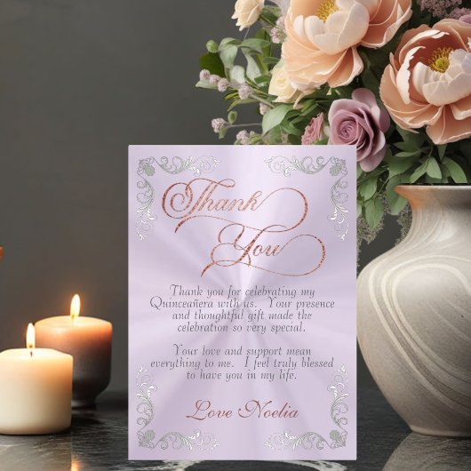 Lavender - Vintage Frame & Tiara Quinceanera サンキューカード