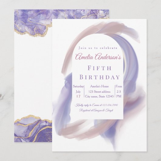 Lavender Watercolor Abstract  Birthday Invita 招待状 (正面/裏面)