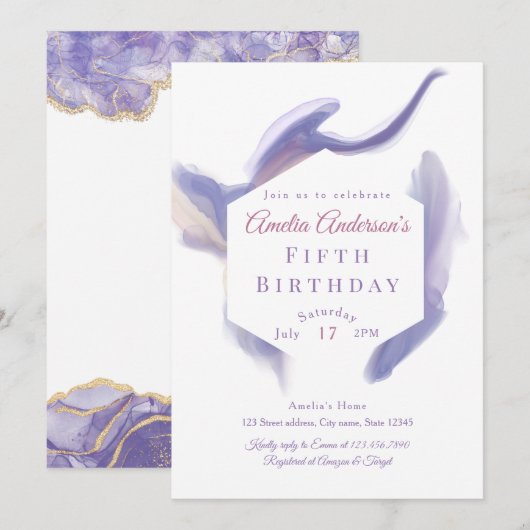 Lavender Watercolor Abstract Birthday Invitation 招待状 (正面/裏面)