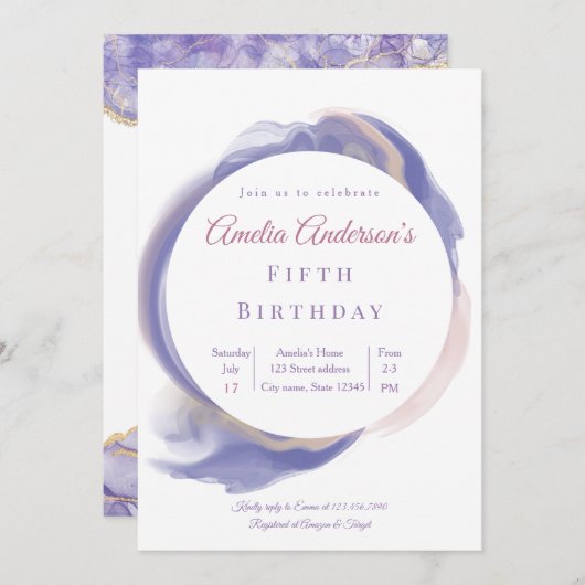 Lavender Watercolor Abstract Birthday Invitation 招待状 (正面/裏面)