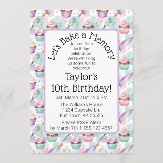 Lavender Watercolor Cupcake Baking Birthday Party 招待状 (正面)