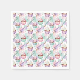 Lavender Watercolor Cupcake Pink Green Checkered  スタンダードカクテルナプキン