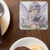 Lavender Watercolor Fairy Reading Book ガラスコースター