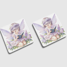 Lavender Watercolor Fairy Reading Book ガラスコースター