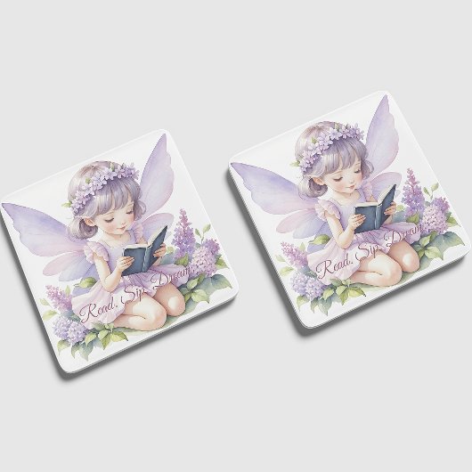 Lavender Watercolor Fairy Reading Book ガラスコースター