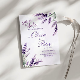 Lavender Watercolor Floral Save the Date 招待状