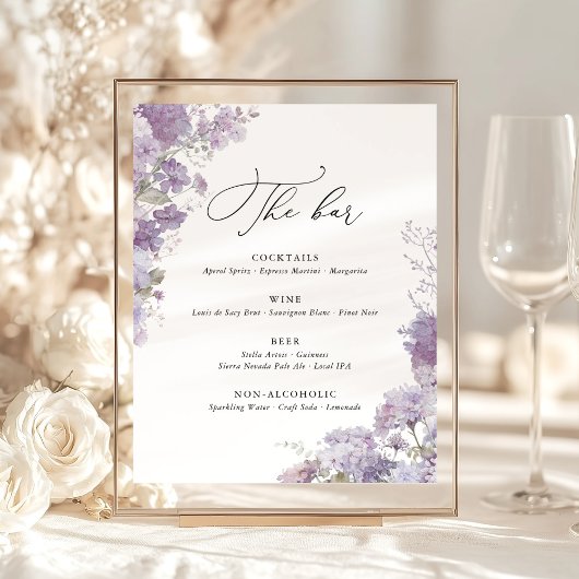 Lavender Watercolor Floral Wedding Bar Menu 台座サイン