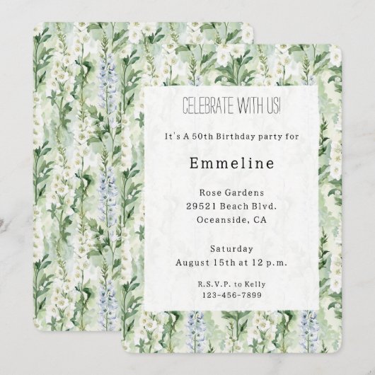 Lavender White Delphinium Flowers Birthday 招待状 (正面/裏面)