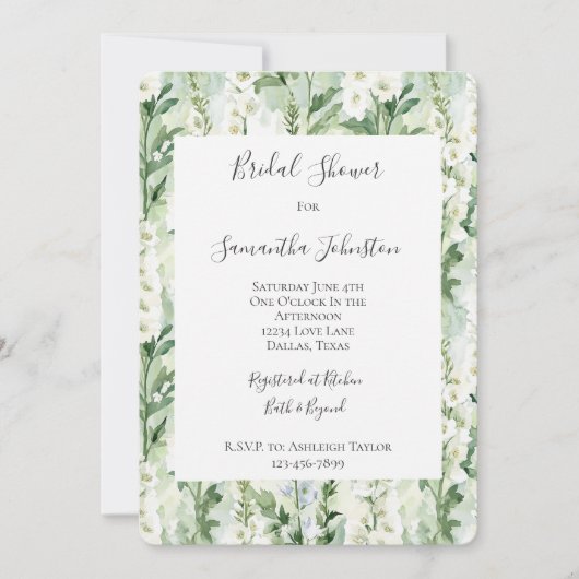 Lavender White Delphinium Flowers Bridal Shower 招待状 (正面)