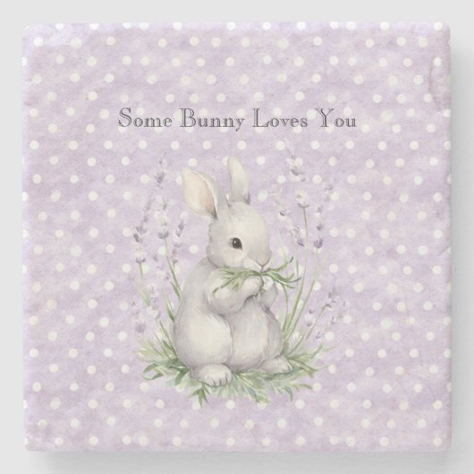 Lavender White Polka Dots Bunny Rabbit Love ストーンコースター (正面)