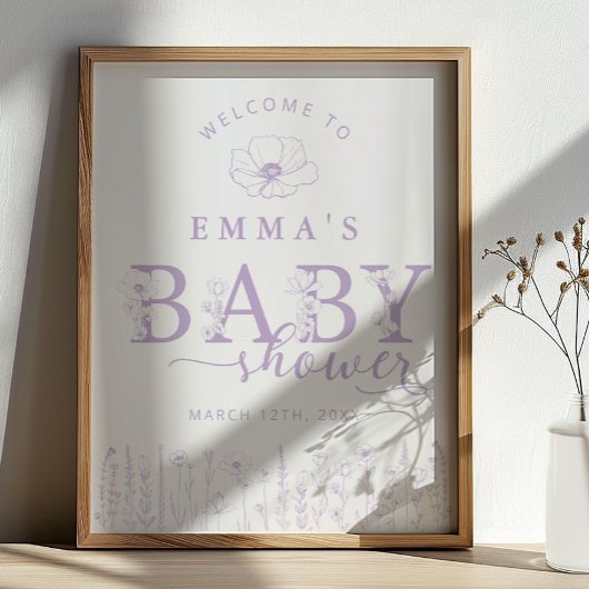 Lavender Wildflower Baby Shower Welcome Sign ポスター