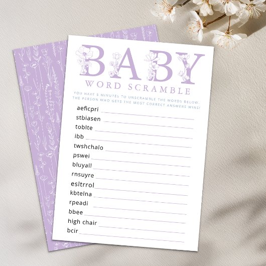 Lavender Wildflower Baby Shower Word Game Card エンクロージャーカード