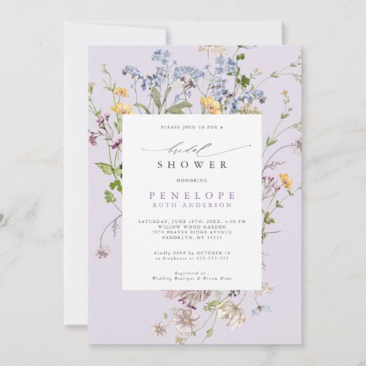 Lavender Wildflower Meadow Garden Bridal Shower 招待状 (正面)