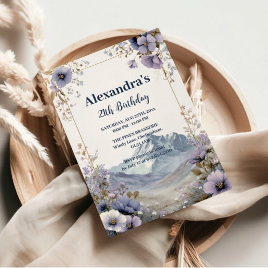 Lavender Wildflower Mountain Birthday 招待状