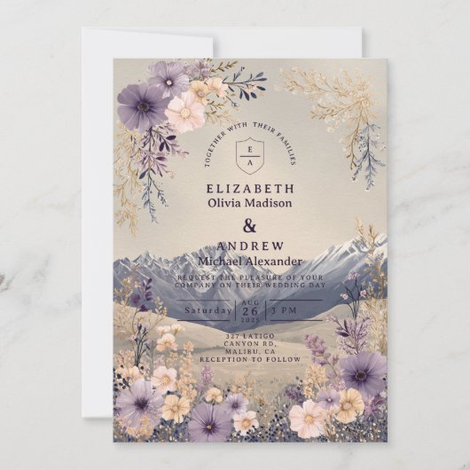 Lavender Wildflower Mountain Wedding 招待状 (正面)