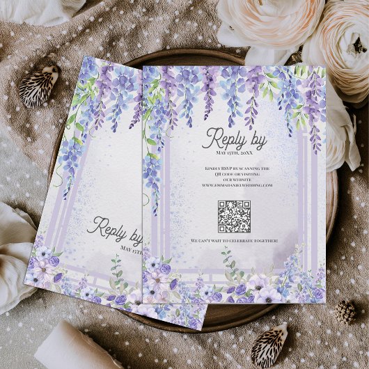 Lavender Wisteria Floral Arch QR Code Wedding 出欠カード