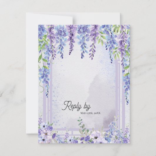 Lavender Wisteria Floral Arch QR Code Wedding 出欠カード (正面)