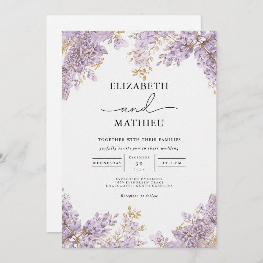 Lavender Wisteria Floral Wedding 招待状 (正面/裏面)