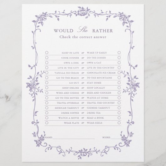 Lavender 'Would She Rather' Bridal Shower Game (正面)