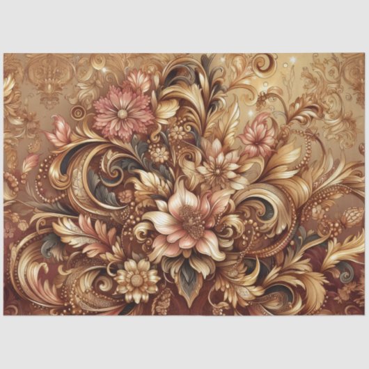 Lavish Rose Gold Baroque Floral Decoupage 薄葉紙 (正面)