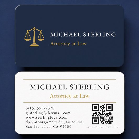 Law Firm Navy Blue Gold QR Code Professional 名刺