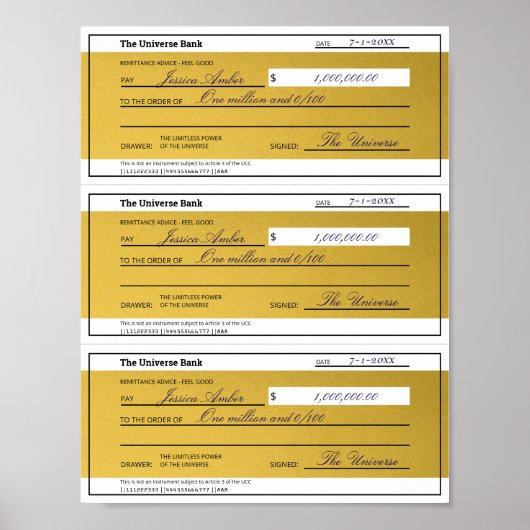 Law of Attraction 3 Blank Printable Gold Checks ポスター (正面)