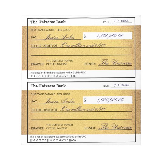 Law of Attraction Blank Money Check Gold 5.5" x 6" ノートパッド (正面)