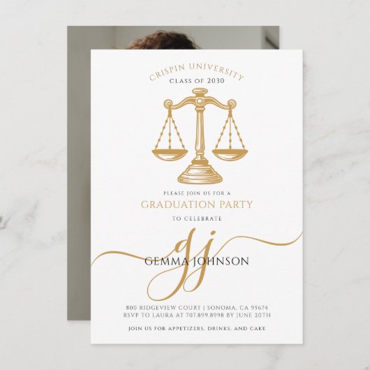 Law School Gold Script Photo Graduation Party 招待状 (正面/裏面)