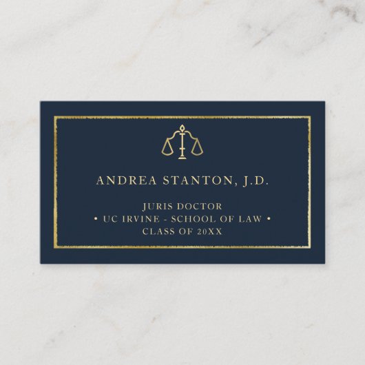 Law School Grad Student Lawyer Gold Navy Elegant 名刺 (正面)