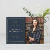 Law School Graduation Gold Frame Photo Modern Navy 案内状 (スタンド正面)