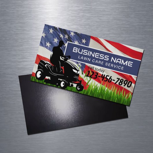 Lawn Care & Landscaping Riding Mower USA Flag マグネット名刺