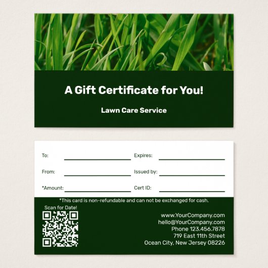 Lawn Care Maintenance Company Gift Certificate (正面&裏面)