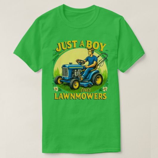 LawnMowers芝生のMoを愛する少年のおもしろい子供たち Tシャツ (デザイン正面)