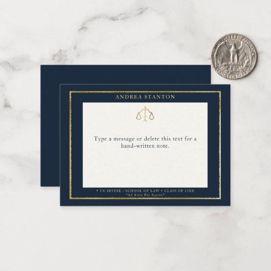 Lawyer Law School Grad Gift Navy Gold Frame Custom ノートカード (正面/裏面インサイチュ)