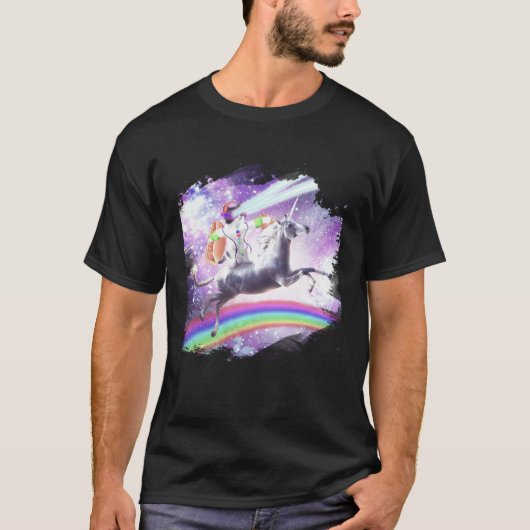 Lazer Rave Space Cat Riding Unicorn With Hotdog Tシャツ (正面)