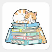 Lazy Cat on Books – Cute Cozy Illustration スクエアシール (正面)