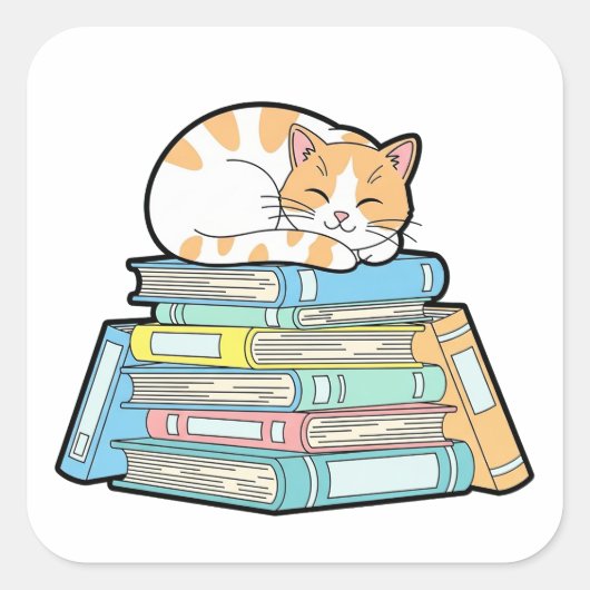 Lazy Cat on Books – Cute Cozy Illustration スクエアシール (正面)