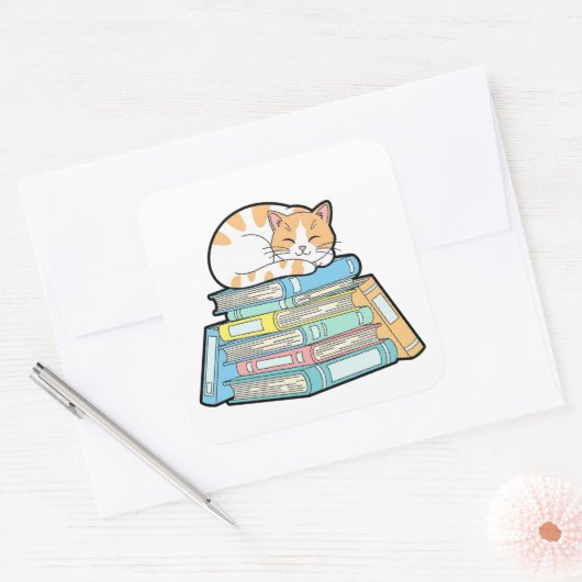 Lazy Cat on Books – Cute Cozy Illustration スクエアシール (封筒)