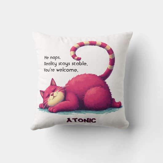 Lazy Cat Throw Pillow – Atonic: I Nap. You Exist クッション (裏面)