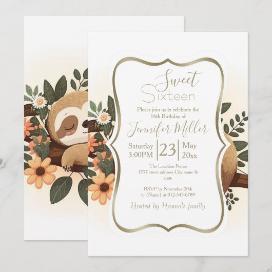 Lazy sloth sleeping on a branch cartoon            招待状 (正面/裏面)