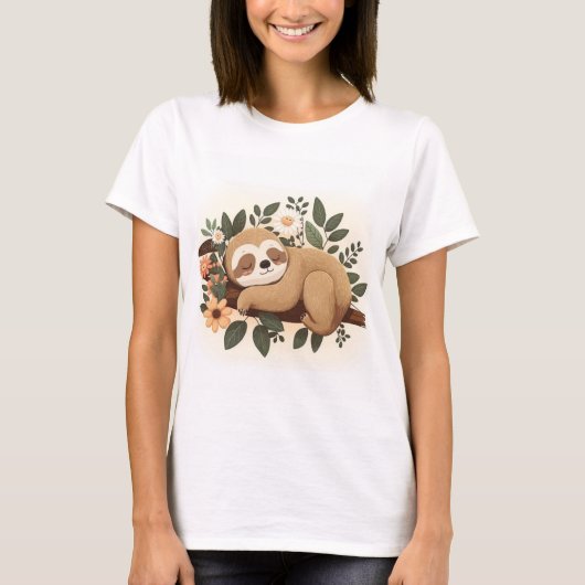 Lazy sloth sleeping on a branch cartoon            tシャツ (正面)