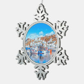 ldp MYKONOS -魚釣りボート – ハーバー – パノラマ スノーフレークピューターオーナメント (右)