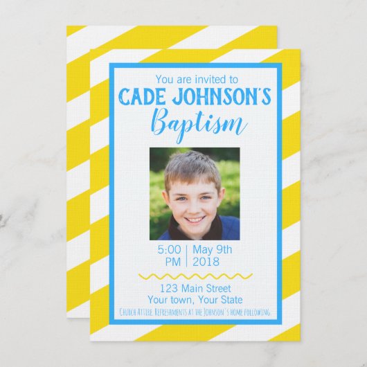 LDSの洗礼の招待状の男の子-黄色および青 招待状 (正面/裏面)