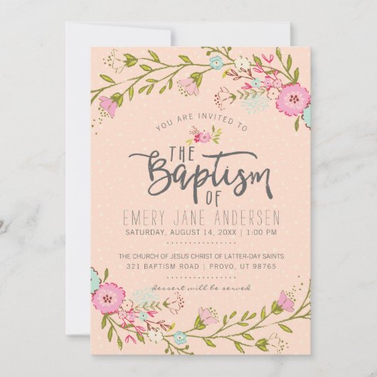 LDSの洗礼の招待状|のエレガントなピンクの花の女の子 招待状 (正面)